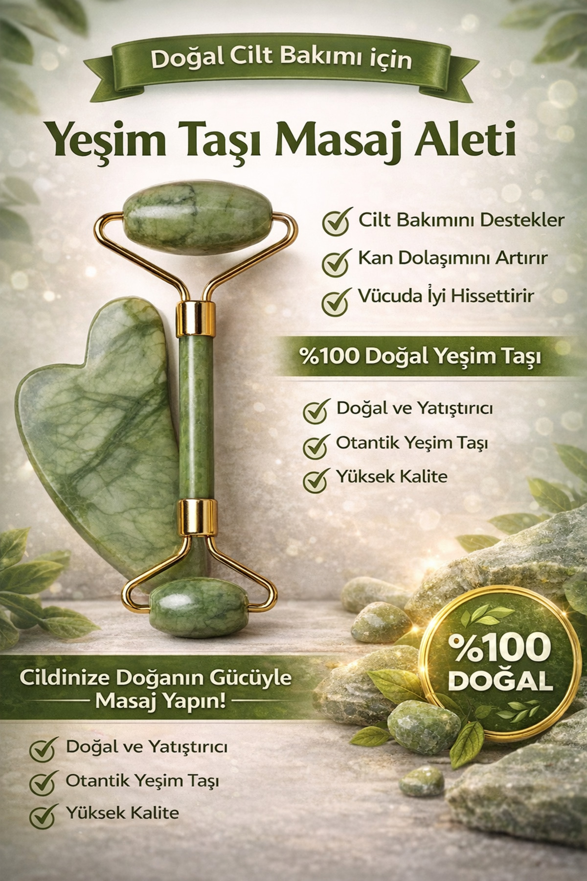 HİROS'H 2'li Set 0 Doğal Yeşim Taşı - Kalp Gua Sha Cilt Masaj Aleti Yüz Masaj Aleti - Görsel 3