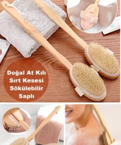 Kitchen Beauty Doğal At Kılı Banyo Sırt Kesesi Uzun Sökülebilir Saplı Yumuşak Fırçalı Doğal Kese Ahşap Saplı