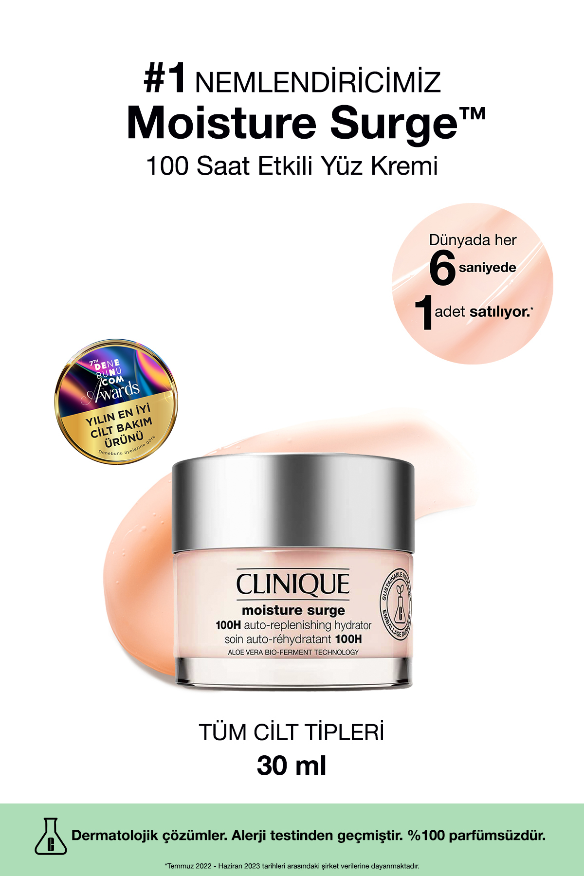 Clinique Moisture Surge™ 100 Saat Etkili Nemlendirici Yüz Kremi 30ml | Aloe Vera Bioferment, Hyalüronik Asit