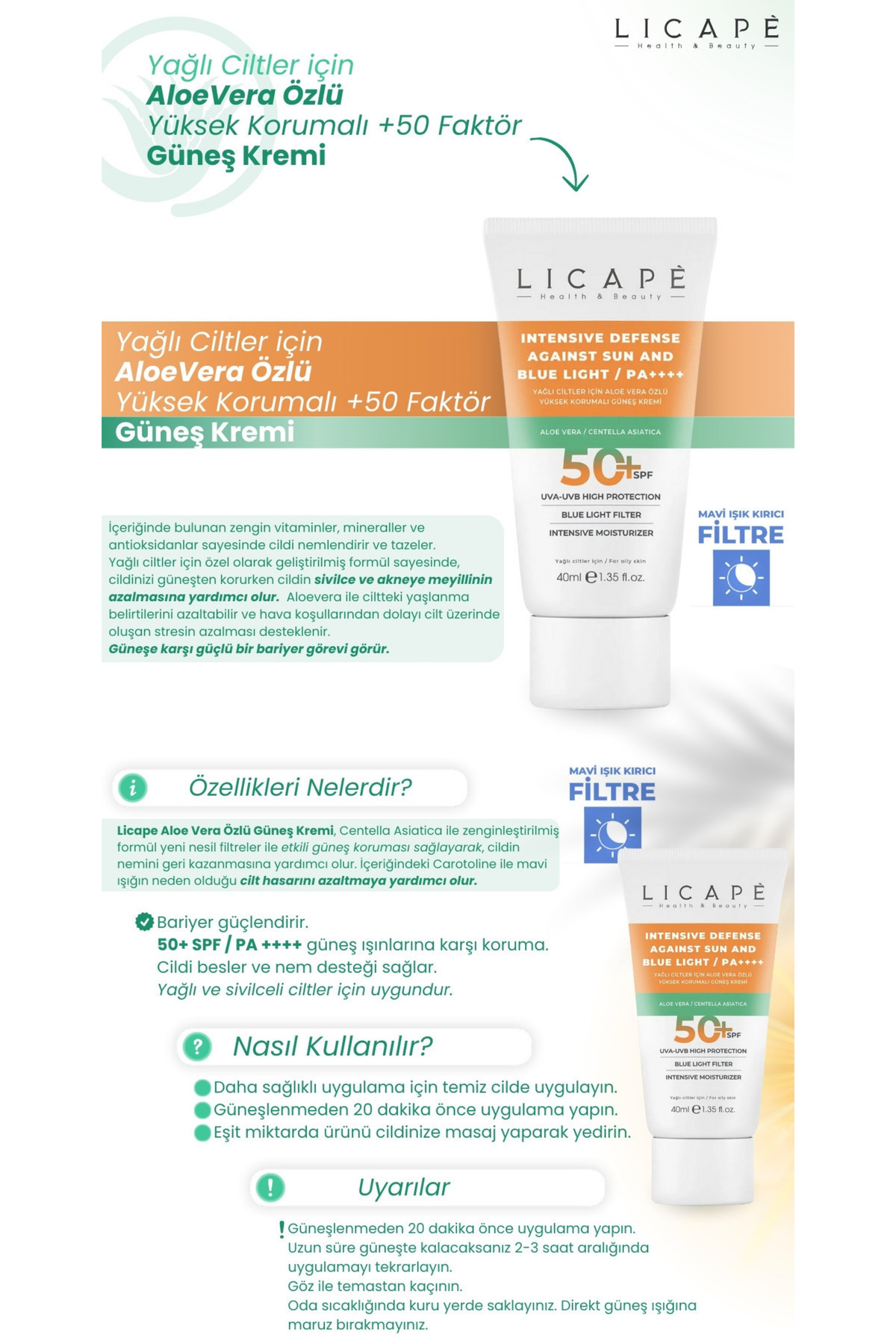 Licape Yağlı Ciltler İçin Aloe Vera Özlü Yüksek Korumalı +50 Faktör Güneş Kremi 40ml - Görsel 3