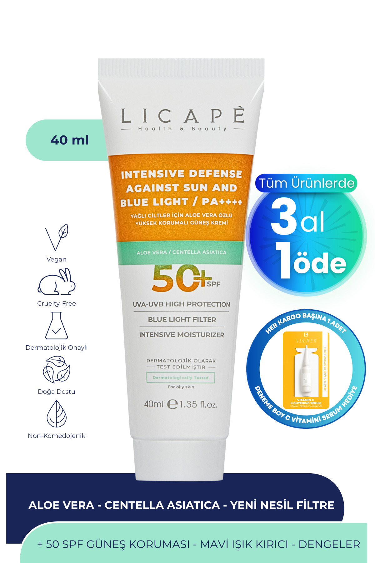 Licape Yağlı Ciltler İçin Aloe Vera Özlü Yüksek Korumalı +50 Faktör Güneş Kremi 40ml