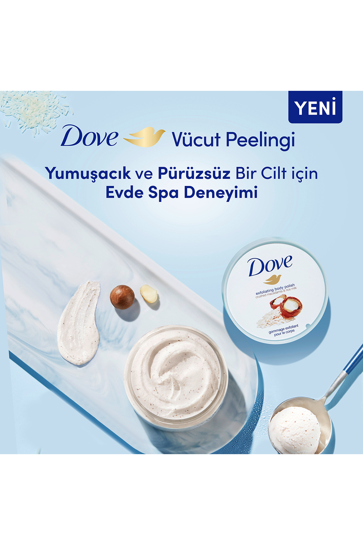 Dove Vücut Peelingi Macademia Fındığı Ve Pirinç Sütü 225 ml X1 - Görsel 3