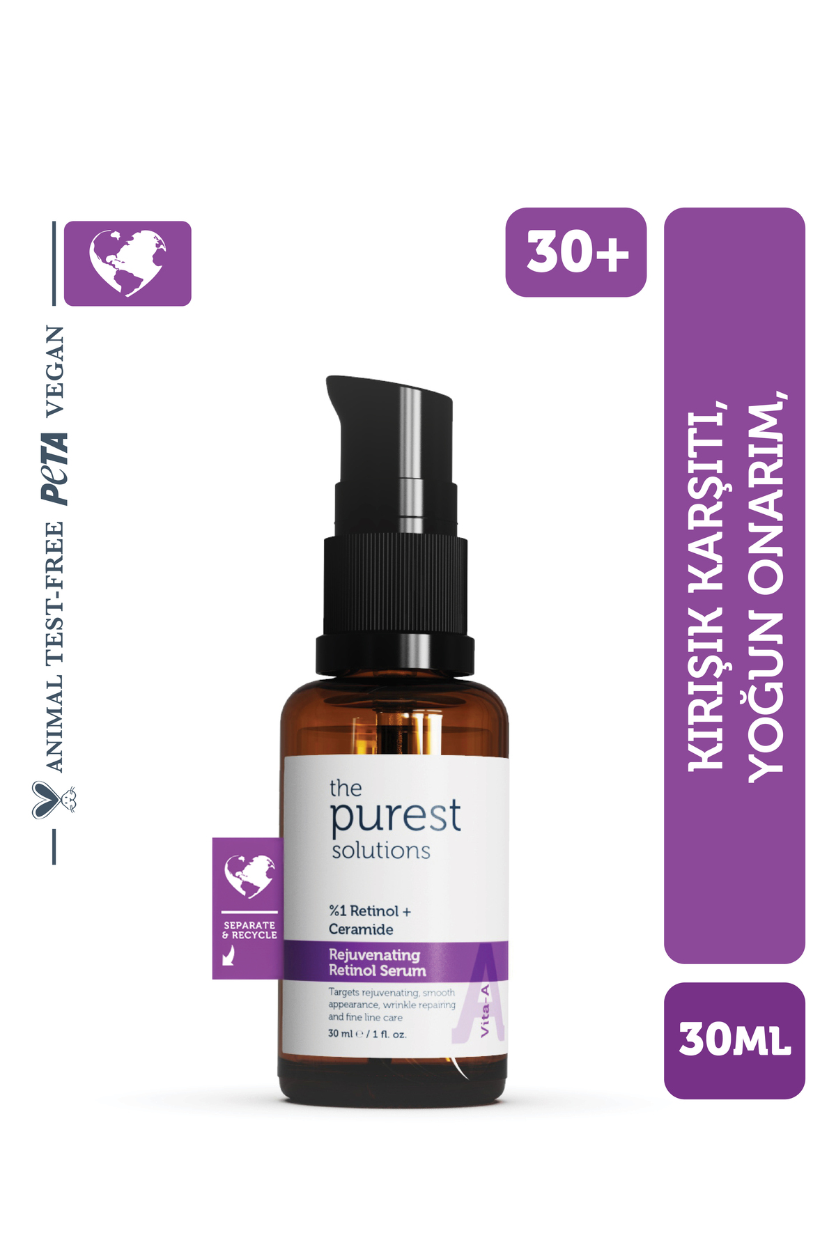 The Purest Solutions Kırışıklık Karşıtı, Onarıcı Retinol (a Vitamini) Gece Serumu 30 ml (1% Retinol + Ceramide)