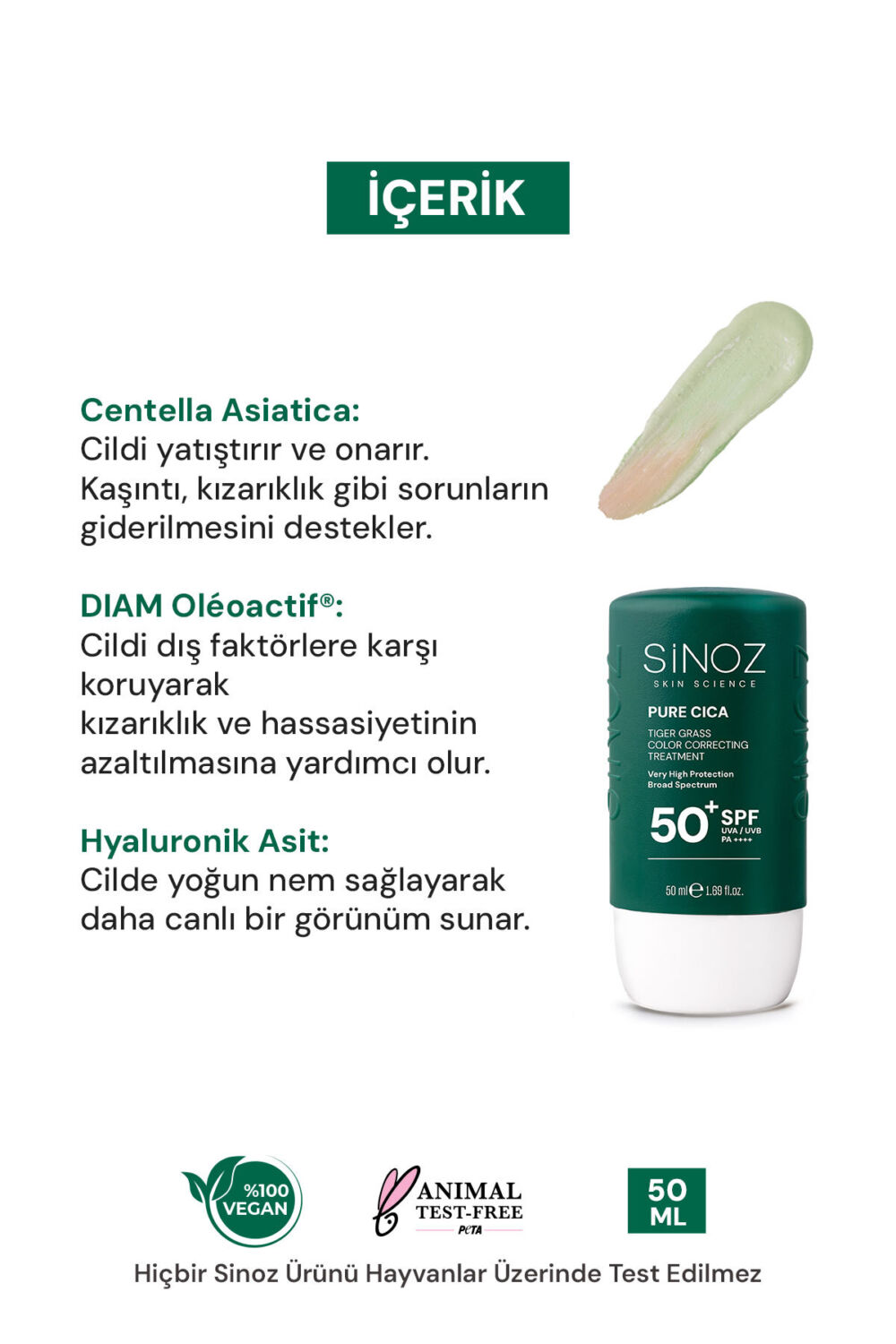Sinoz Pure Cica Tiger Grass Anında Ton Eşitleyici Onarıcı Nemlendirici SPF50+ Sıvı Yüz Güneş Kremi PA++++ (Koyu Tenler İçin) - Görsel 3