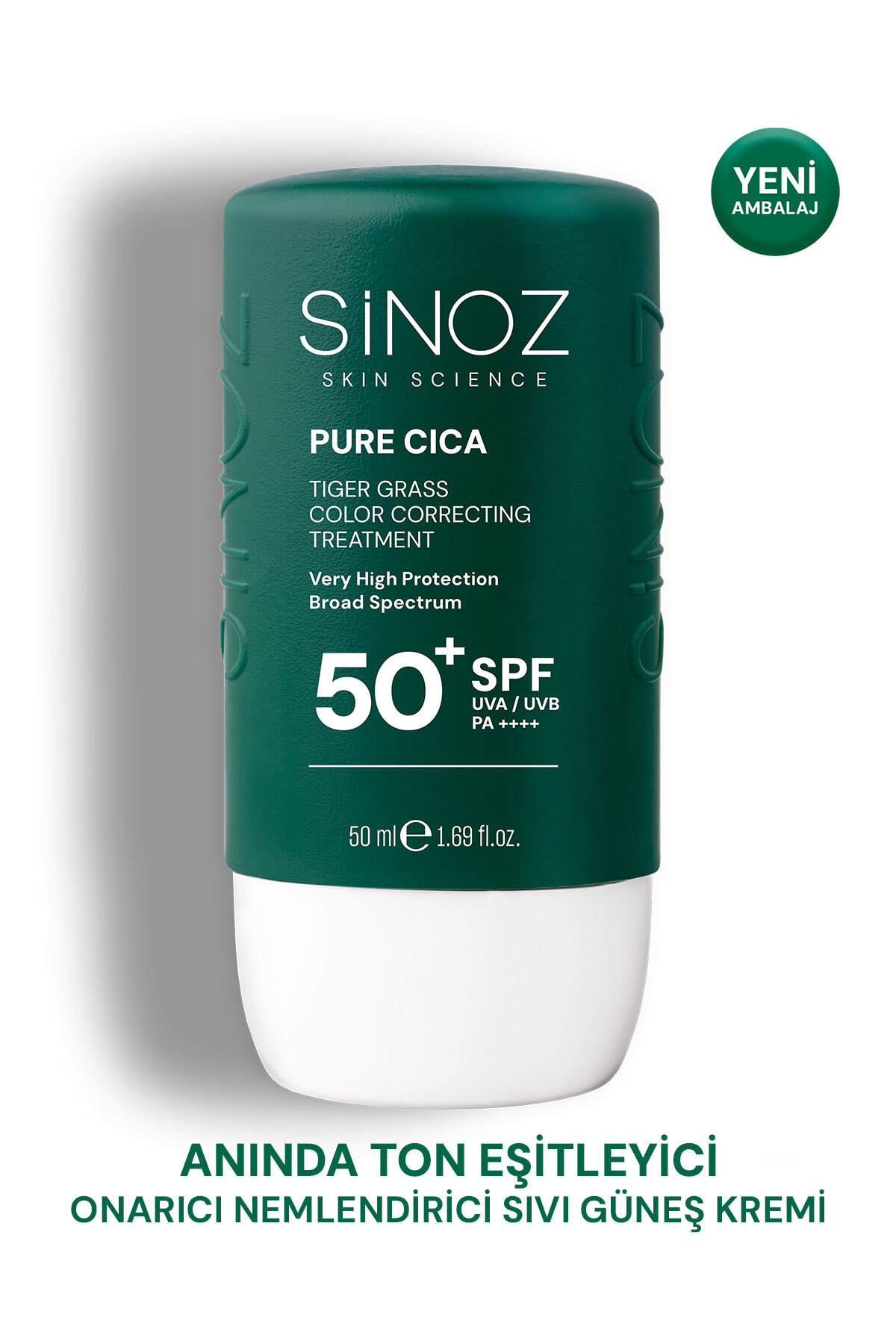 Sinoz Pure Cica Tiger Grass Anında Ton Eşitleyici Onarıcı Nemlendirici SPF50+ Sıvı Yüz Güneş Kremi PA++++ (Koyu Tenler İçin)
