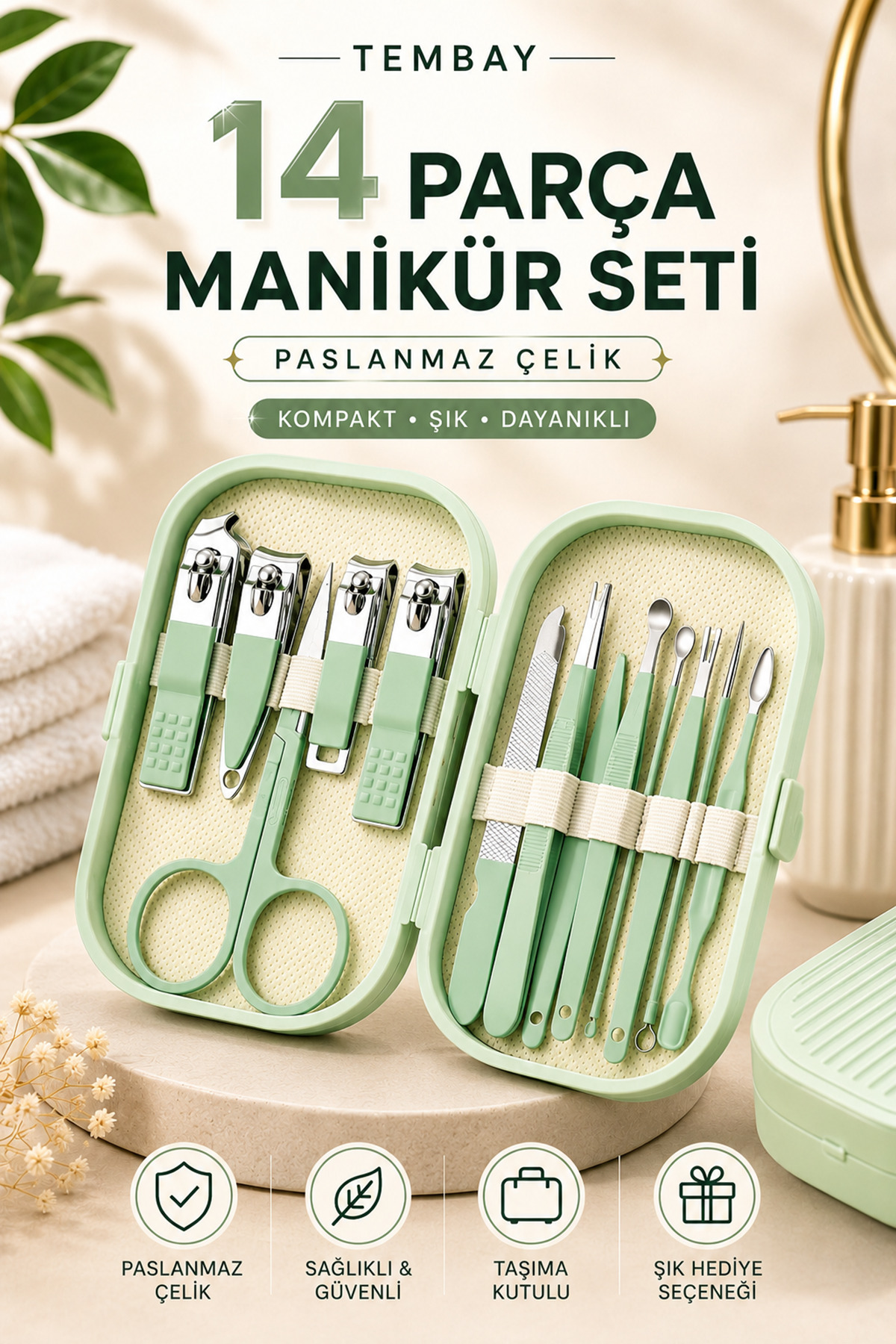 TEMBAY Çantalı Manikür Pedikür Seti 14 Parça El Ayak Tırnak Bakımı Tırnak Makası Profesyonel Full Set
