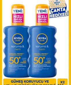 NIVEA SUN SPF50+ Yüksek Güneş Koruyucu ve Nemlendirici Vücut Spreyi 200ml, X2 Adet, Plaj Çantası Hediyeli