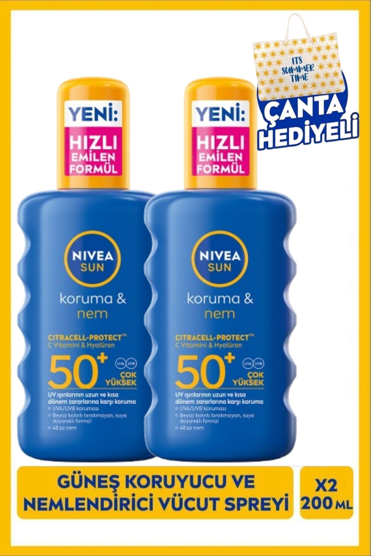 NIVEA SUN SPF50+ Yüksek Güneş Koruyucu ve Nemlendirici Vücut Spreyi 200ml, X2 Adet, Plaj Çantası Hediyeli
