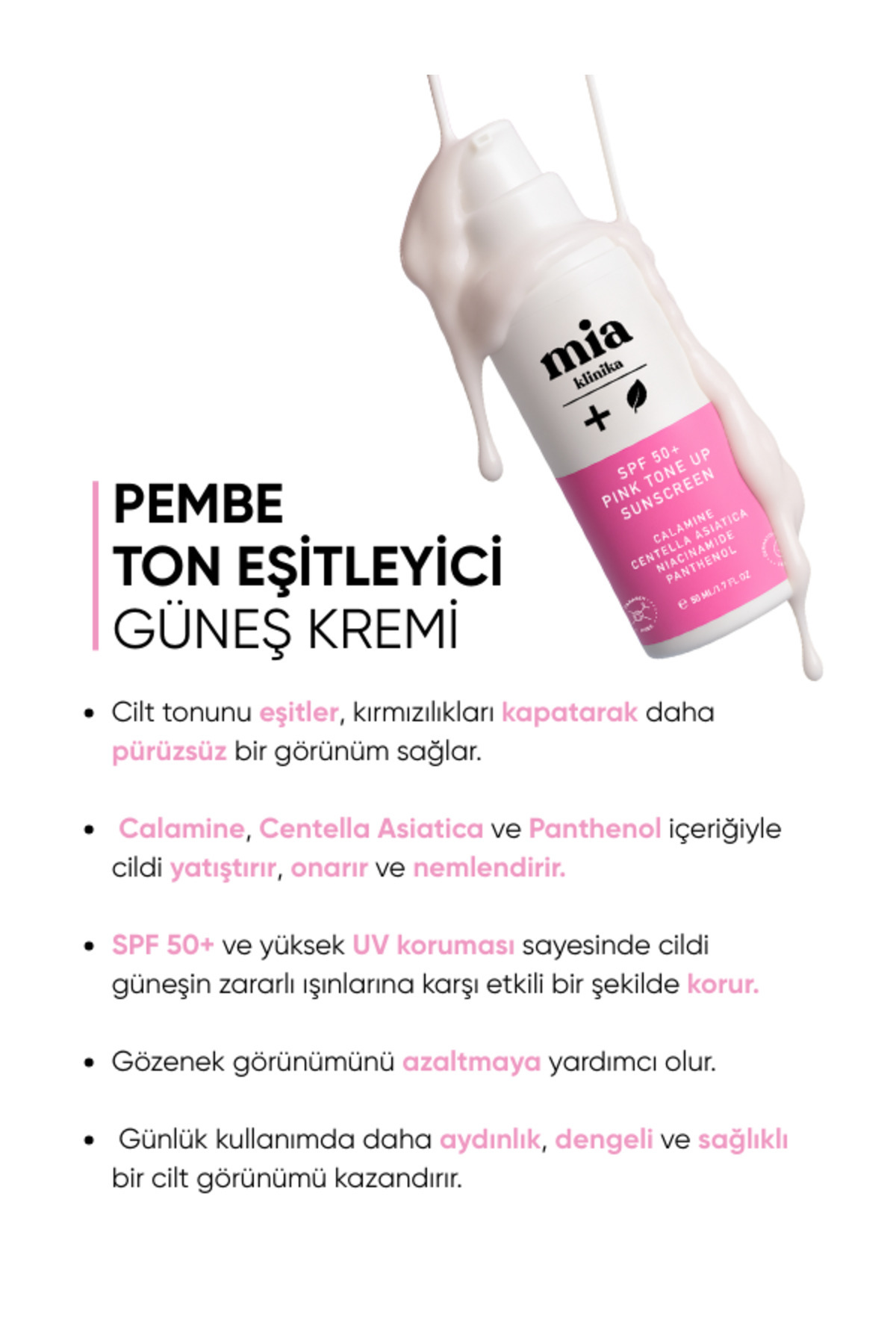 mia klinika Spf 50+ Pink Tone Up Ton Eşitleyici Pembe Yüz Güneş Kremi - Görsel 3