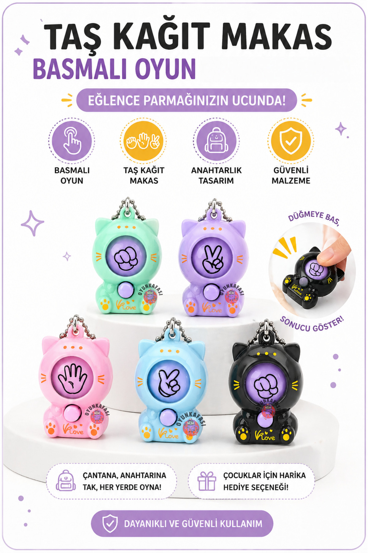 OYUNKAFASI Taş Kağıt Makas Basmalı Mini Oyun Süs Karışık Renk 1 Adet (Mavi-Mint-Lila-Pembe-Siyah)