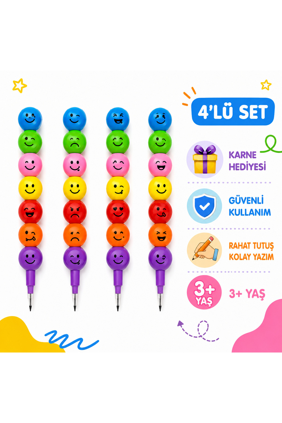 shopExxtra Emoji Yumurtlayan Kurşun Kalem 4’lü Set Karne Hediyesi Çocuk Okul Kalemi Eğlenceli Hediyelik Kalem