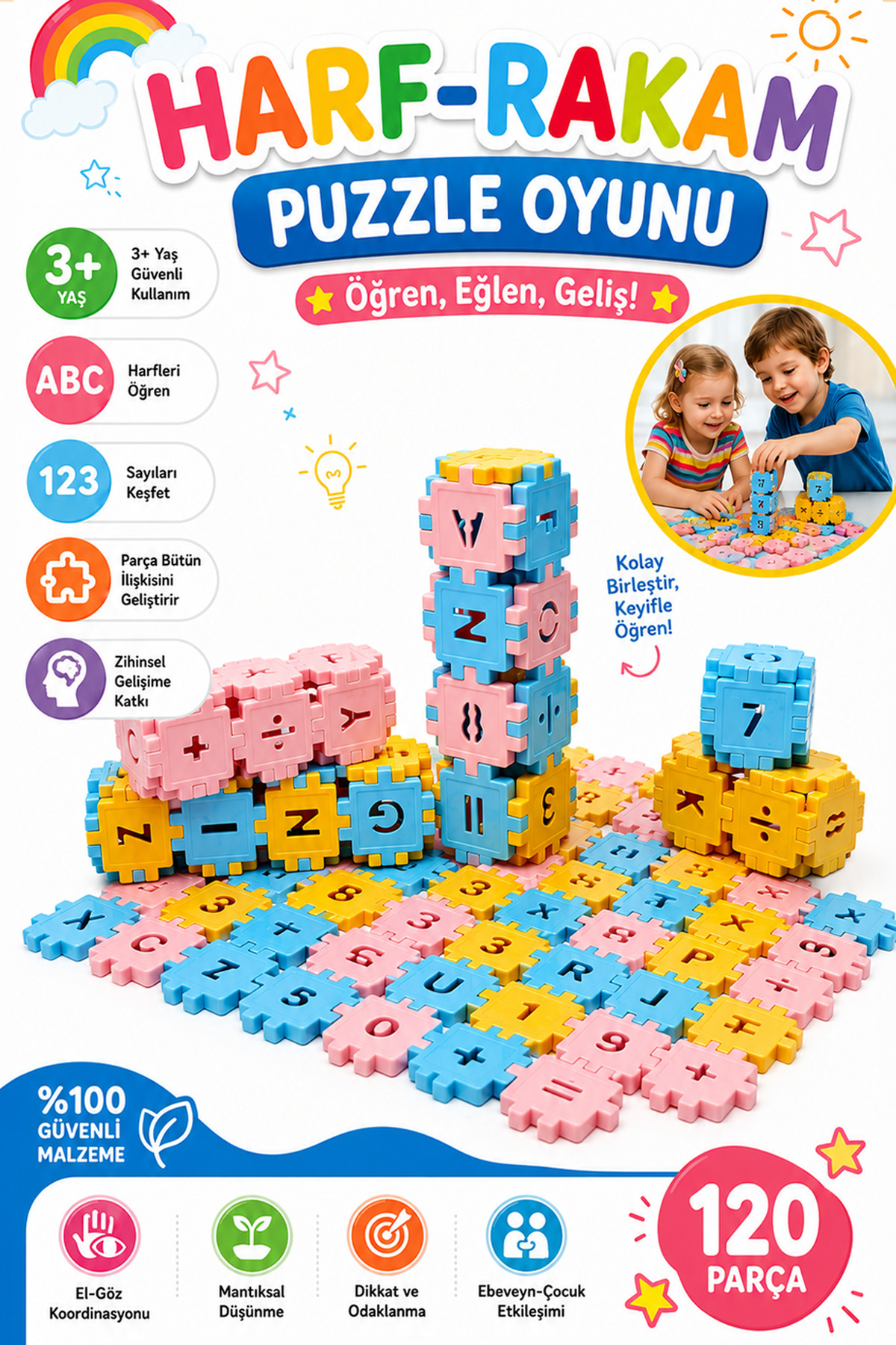 M&H 120 Parça Harf-Rakam Puzzle Oyunu - Eğitici ve Öğretici Gelişimi Destekleyen Oyuncak