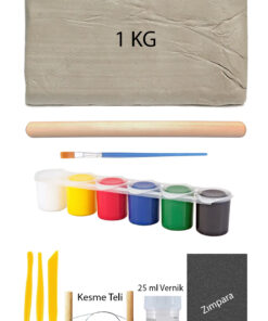 ACUTO Beyaz Seramik Hamuru 1 Kg Kil Ebeşuar Seti 6x15 ml Akrilik Set 25 ml Vernik Ahşap Merdane Zımpara