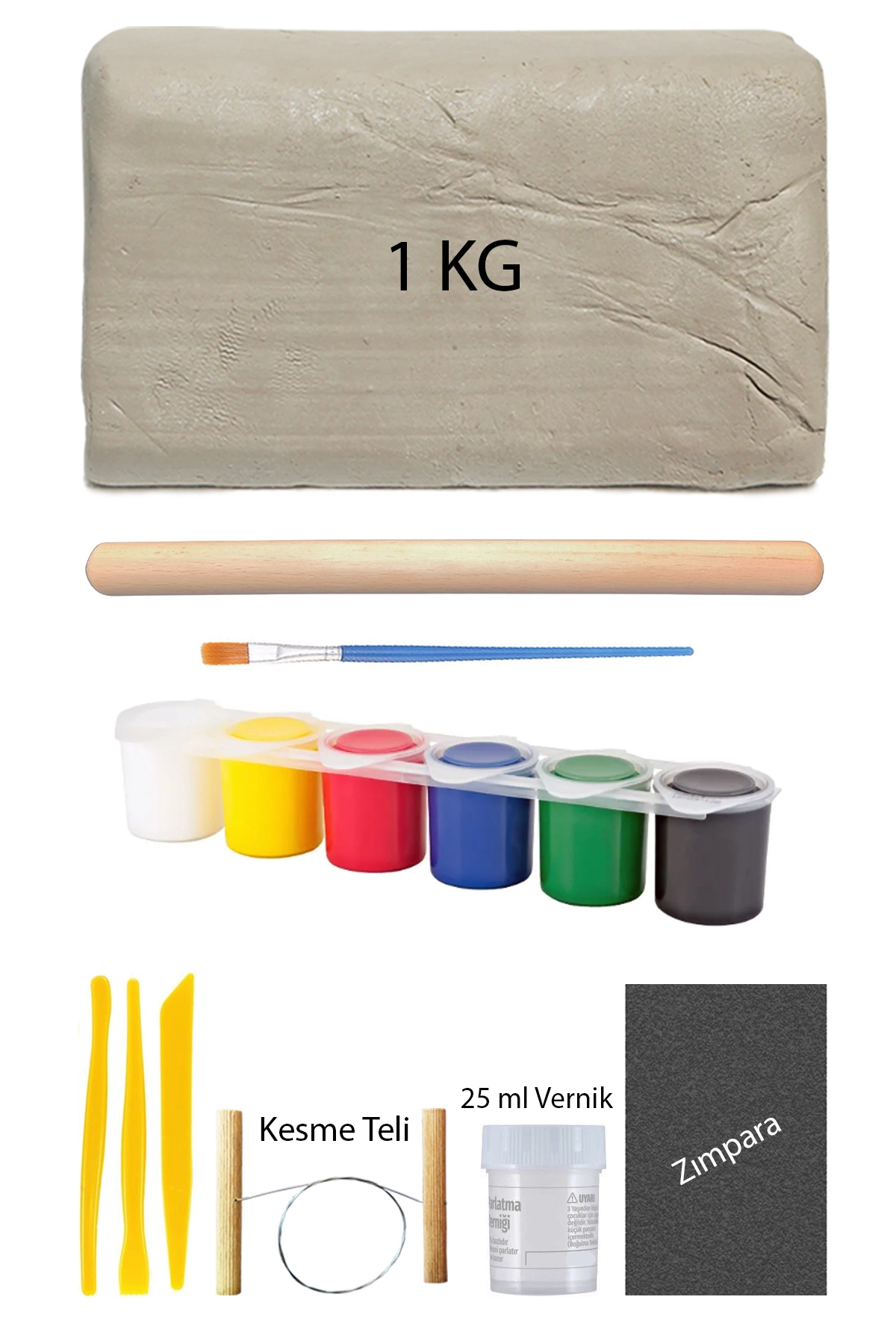 ACUTO Beyaz Seramik Hamuru 1 Kg Kil Ebeşuar Seti 6x15 ml Akrilik Set 25 ml Vernik Ahşap Merdane Zımpara
