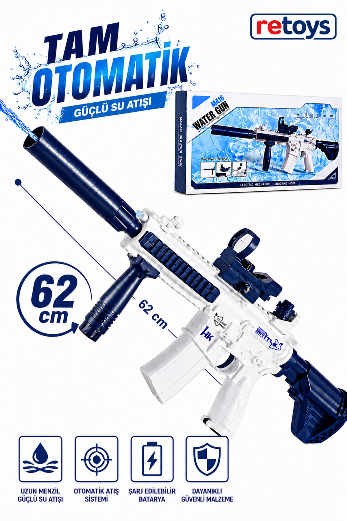Retoys Elektrikli Tam Otomatik Silah Su Tabancası Seri Atış Nişangahlı Susturuculu 62 CM M416 500ML