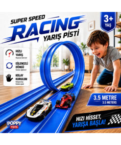 POPPYTOYS 3.5m Esnek Yarış-Araba Pisti Kıvrılabilir Mavi Renk - Super Speed Racing