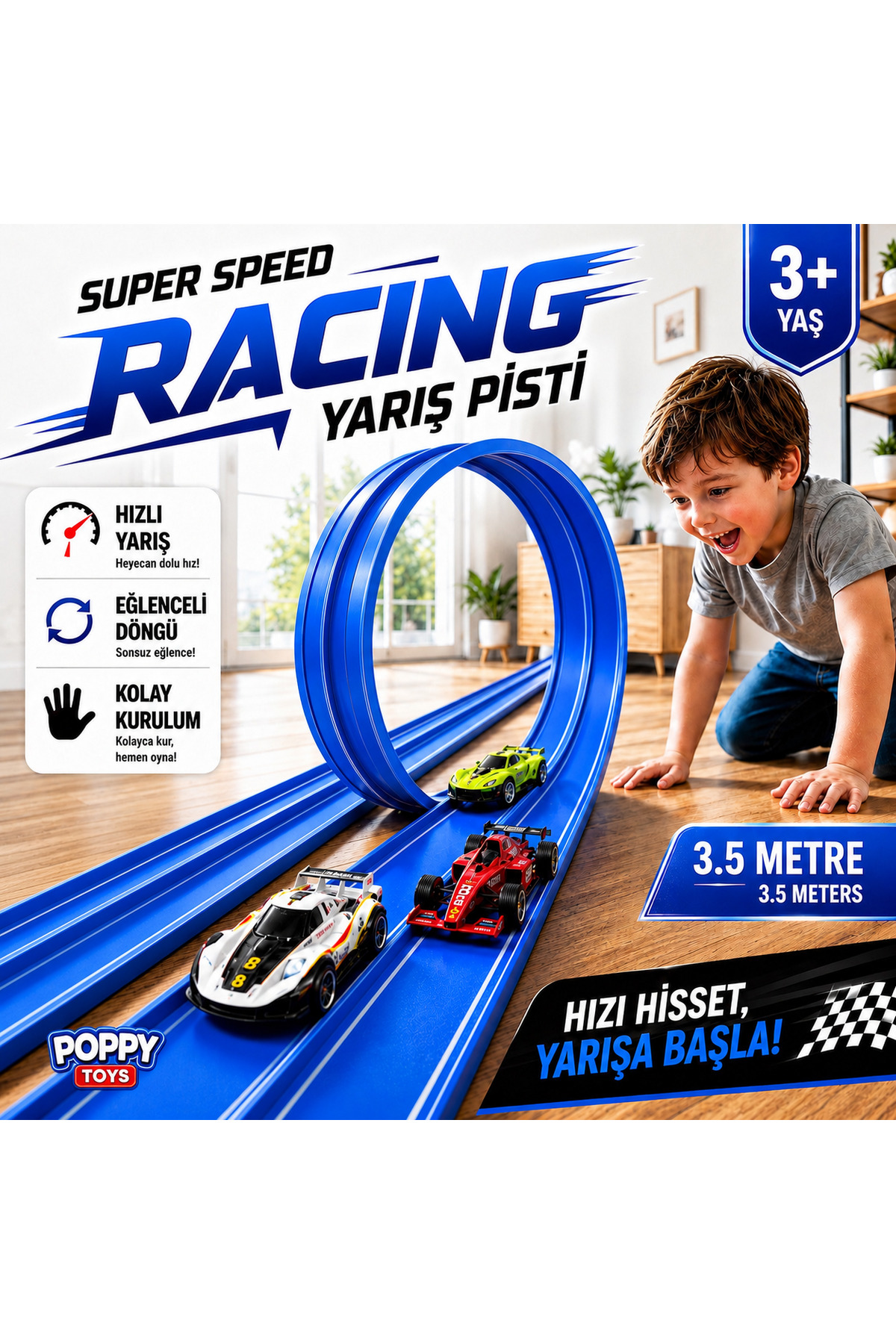 POPPYTOYS 3.5m Esnek Yarış-Araba Pisti Kıvrılabilir Mavi Renk - Super Speed Racing