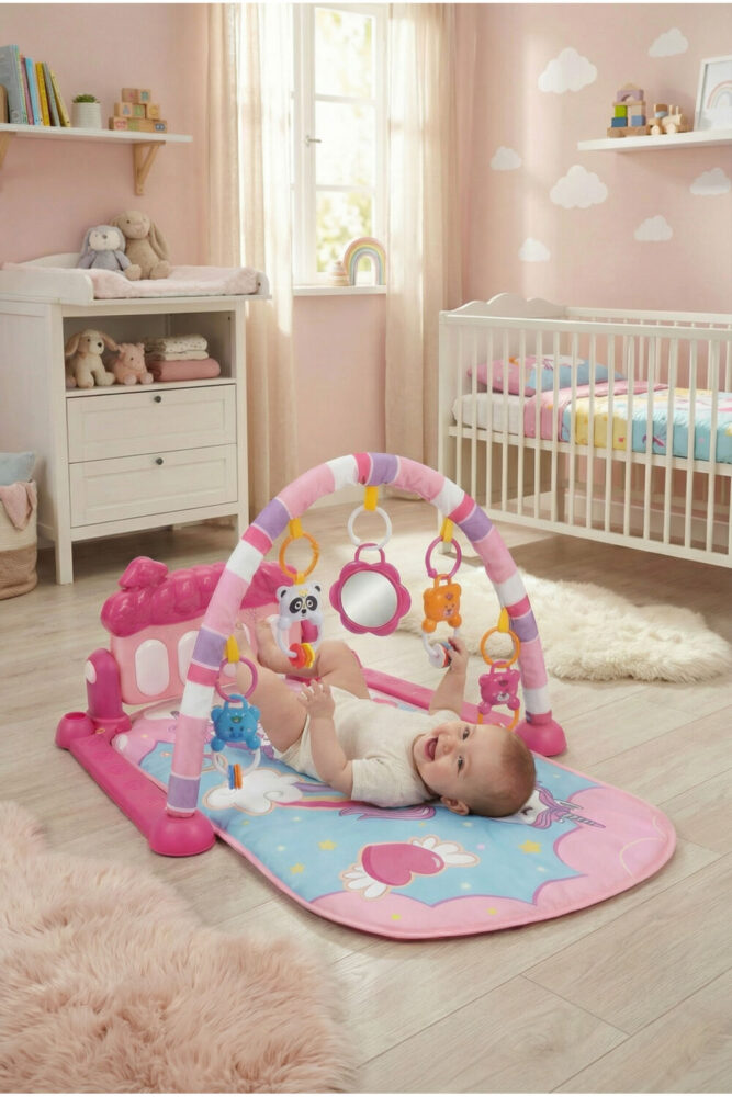 PAPAYA Oyun Halısı Aynalı Çıngıraklı Işıklı Müzikli Pembe Unicorn Çocuk Gelişimine Yardımcı Bebek Halısı - Görsel 3