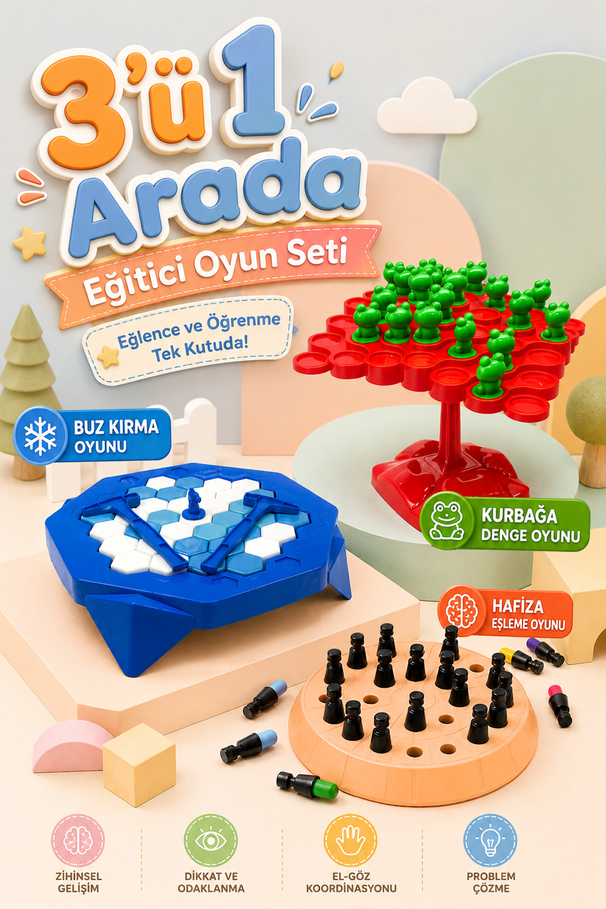 M&H 3'lü Oyun Seti - Buz Krallığı - Kurbağa Denge Oyunu - Hafıza Eşleme Oyunu - Eğitici ve Öğretici Oyun Seti