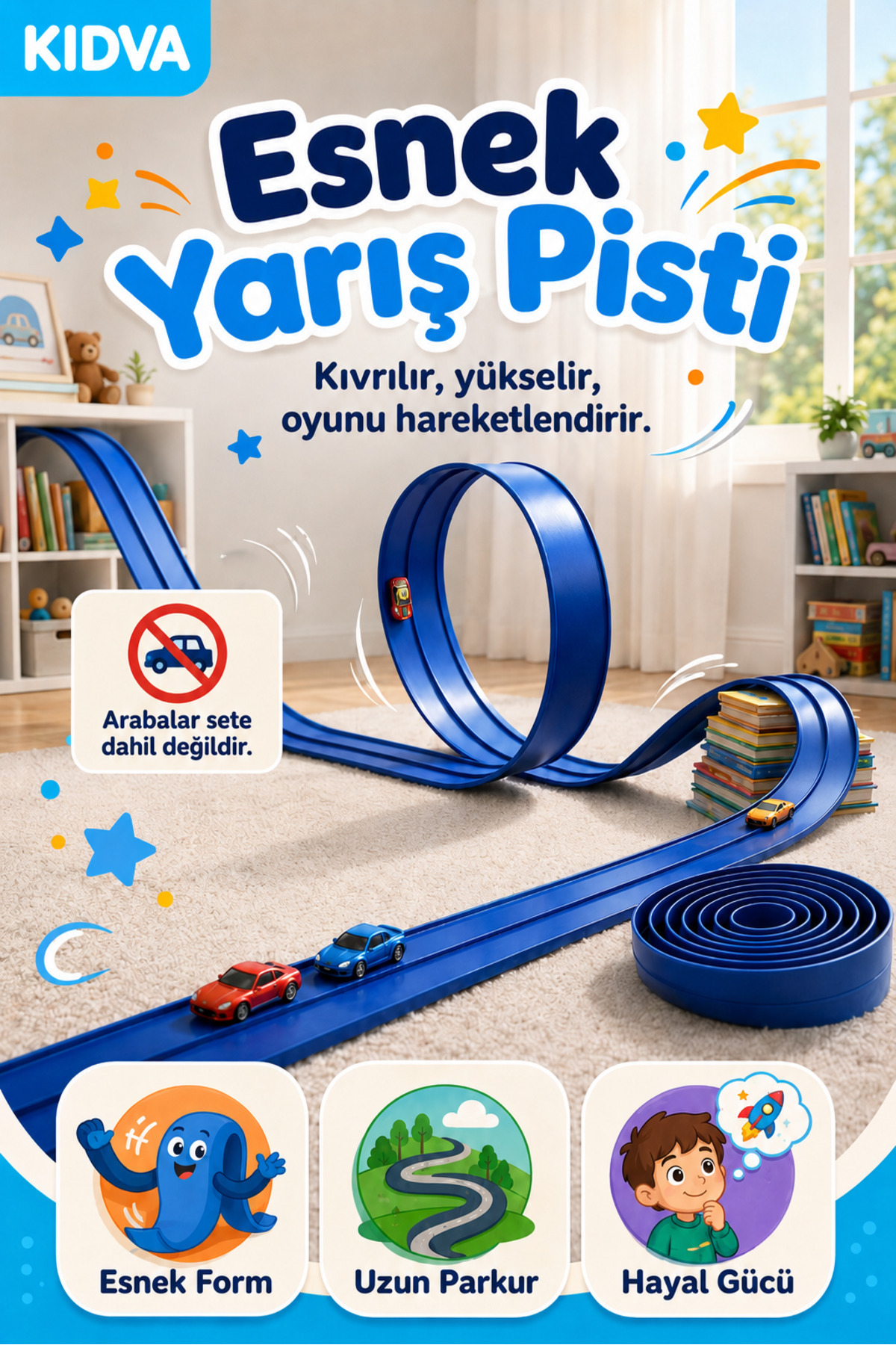 kidva Esnek Yarış Pisti 4.5 Metre Flex Track Oyuncak Araba Pisti Vantuzlu Eğitici Kız ve Erkek Mavi