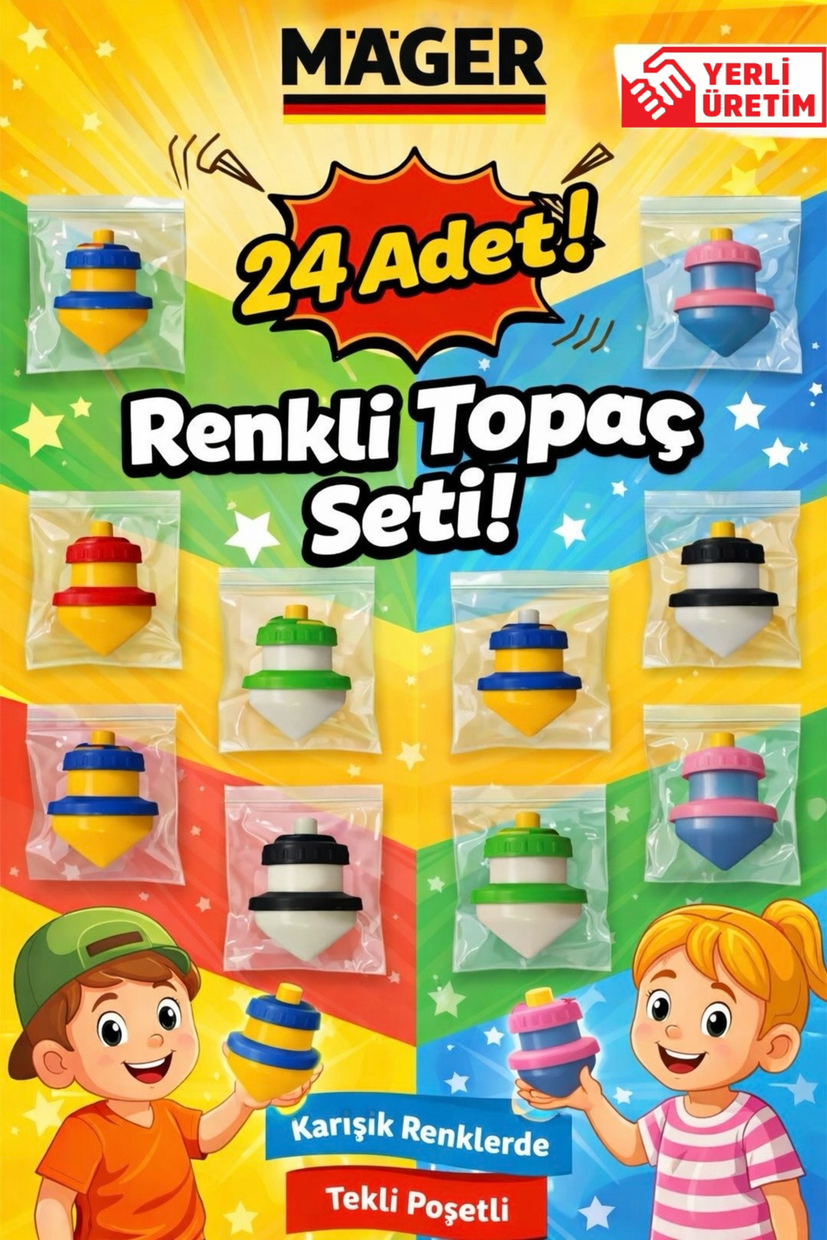 Mager 24 Adet Renkli Topaç Oyuncak Seti – Karışık Renkli, Tekli Poşetli, Yerli Üretim