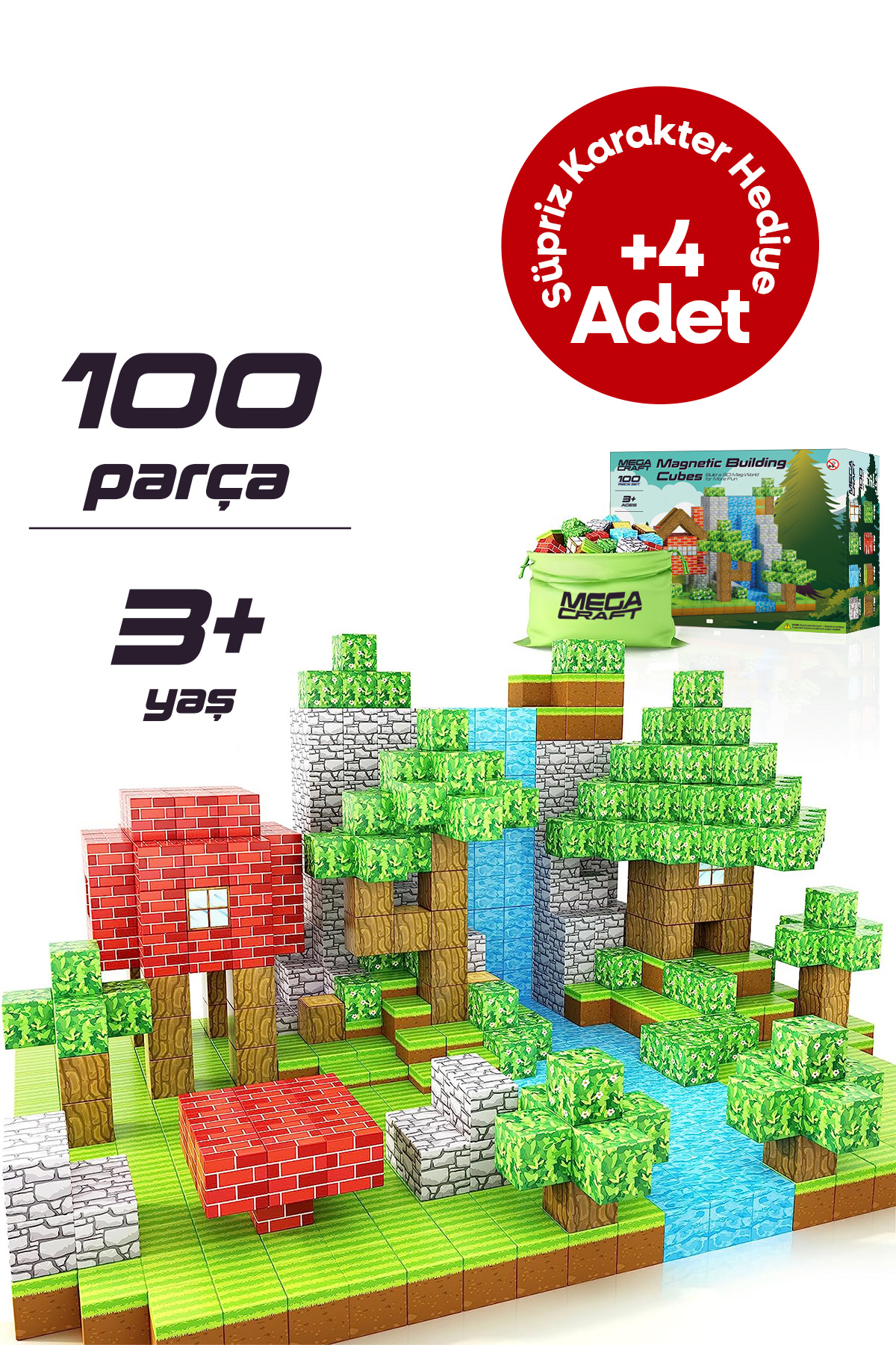 Megacraft Manyetik Yapı Blokları 100 Parça – Çocuklar Için Eğitici Oyuncak Seti Kitapçık Çanta