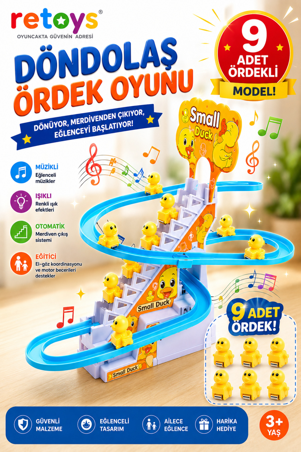 Retoys 9 Ördekli Small Duck Döndolaş Ördekler Müzikli Işıklı Dikkat Çekici Eğitici Oyuncak