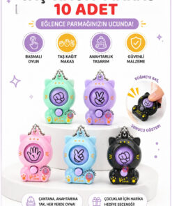 OYUNKAFASI Taş Kağıt Makas 10 Adet Basmalı Mini Oyun Süs Karışık Renk 1 Adet (Mavi-Mint-Lila-Pembe-Siyah)