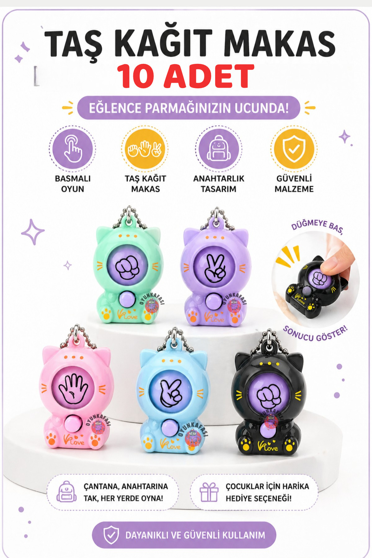 OYUNKAFASI Taş Kağıt Makas 10 Adet Basmalı Mini Oyun Süs Karışık Renk 1 Adet (Mavi-Mint-Lila-Pembe-Siyah)