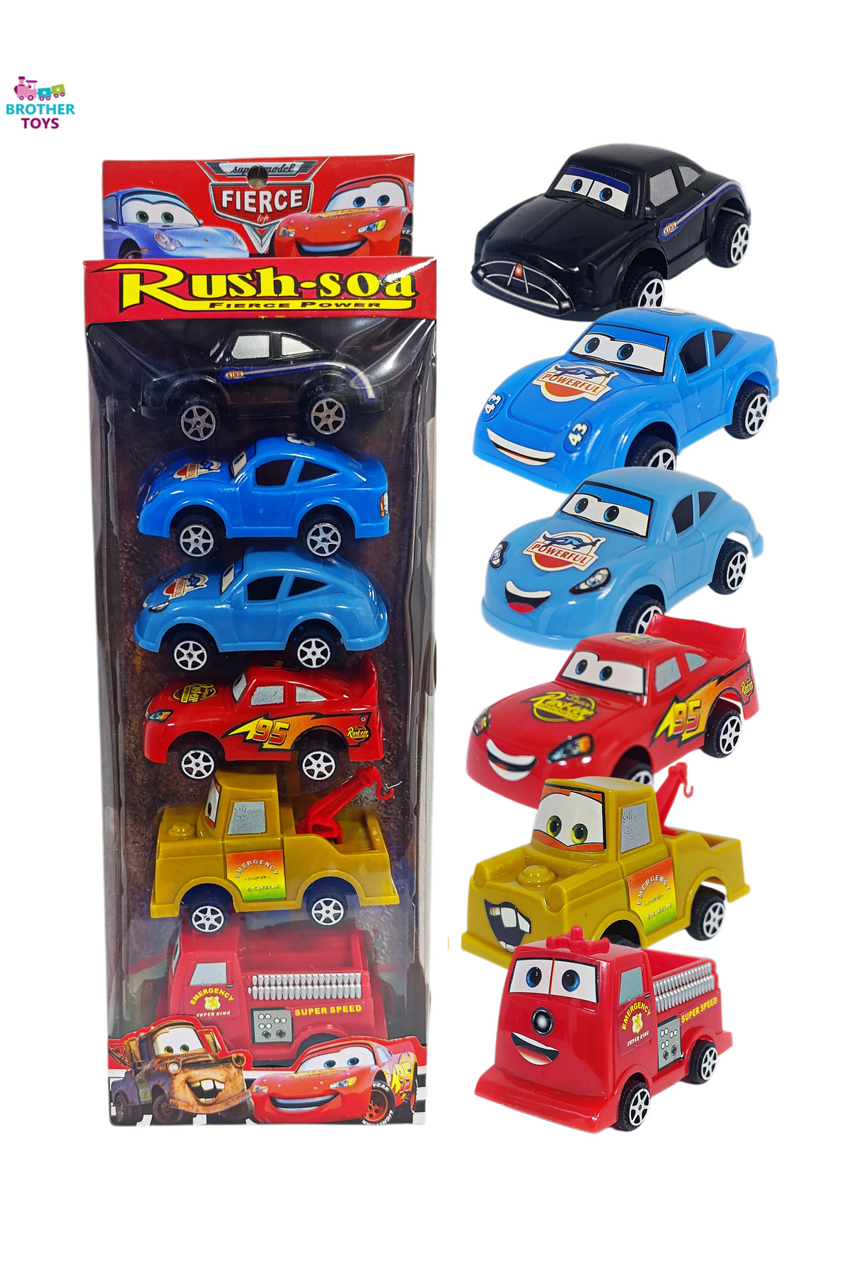 Brother Toys Cars Şimşek Mcqueen 6'lı Sürtmeli Araba Seti Mater Sally İtfaiye Doc Hudson