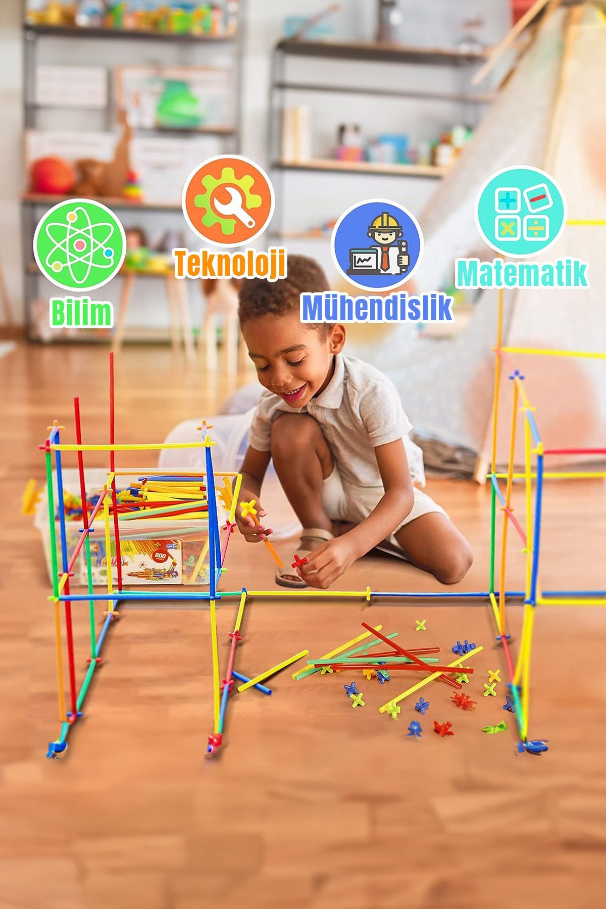 TOMBİ-X Bambu Pipet Çubuk 300 Parça Hafıza Kurma Dikkat Çocuk Beceri Gelişim Oyunu 3+ Yaş