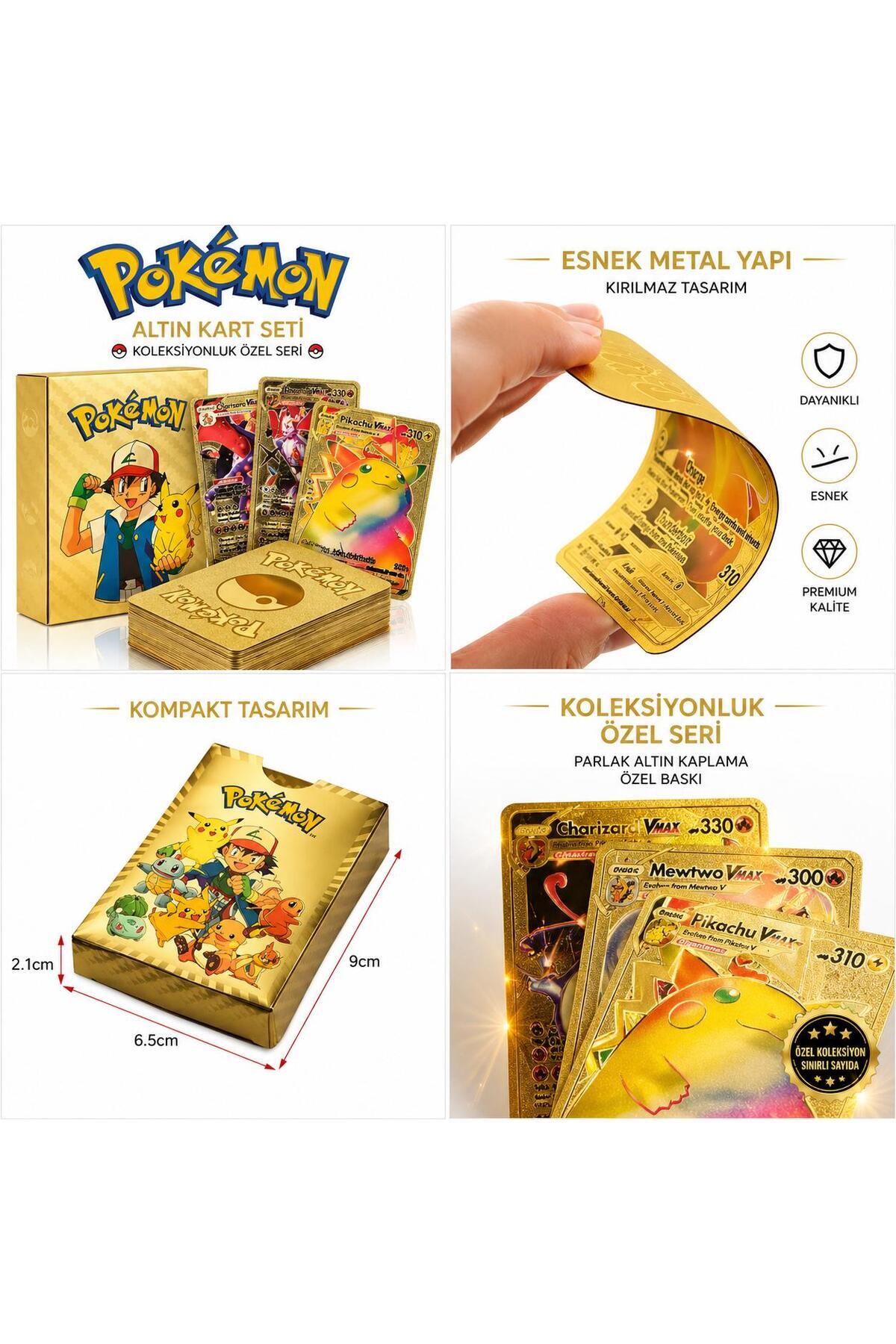 KİNKU 55 Adet Vmax Gold Card Altın Varaklı Esnek Oyuncu & Koleksiyon Pokemon Kartı