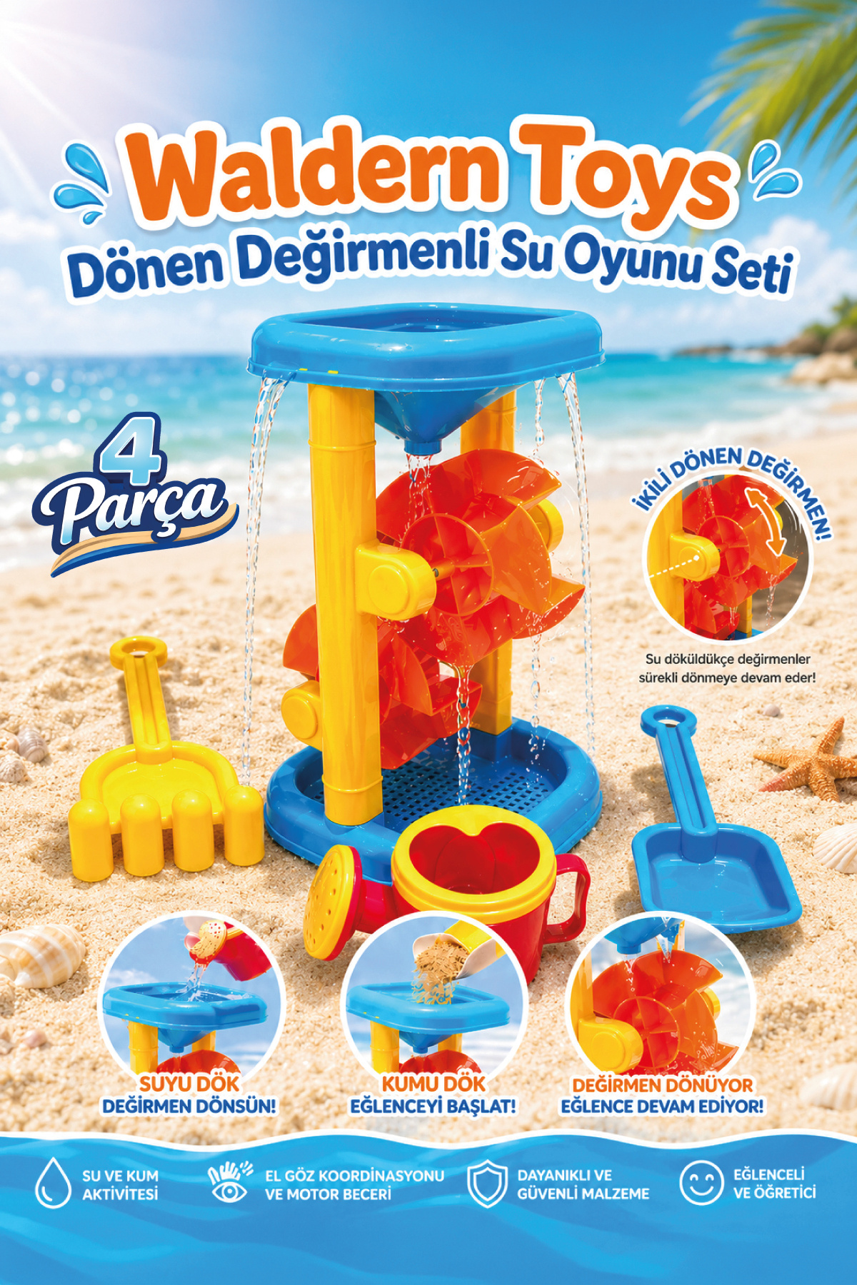 Waldern Toys Su ve Kum Değirmeni Eğitici Plaj Oyuncak Set