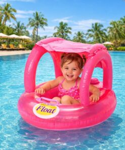 RAMEH Gölgelikli Tenteli Çocuk Deniz Simiti Baby Float Bebek Deniz Simiti 0-3 Yaş Bebek Botu Pembe