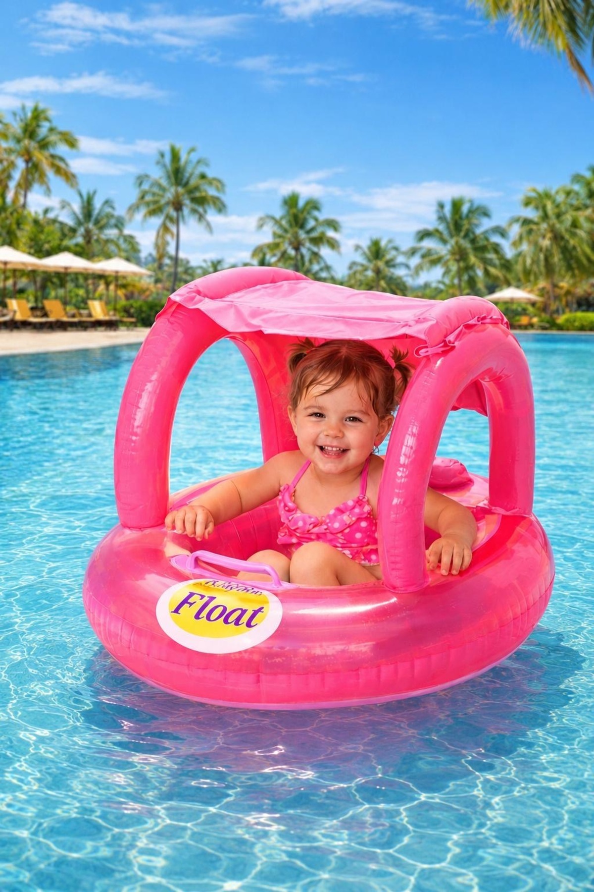 RAMEH Gölgelikli Tenteli Çocuk Deniz Simiti Baby Float Bebek Deniz Simiti 0-3 Yaş Bebek Botu Pembe
