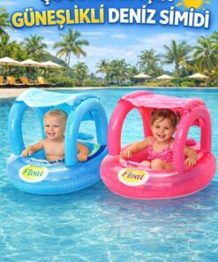 RAMEH Gölgelikli Tenteli Çocuk Deniz Simiti Baby Float Bebek Deniz Simiti 0-3 Yaş Bebek Botu Pembe - Görsel 3