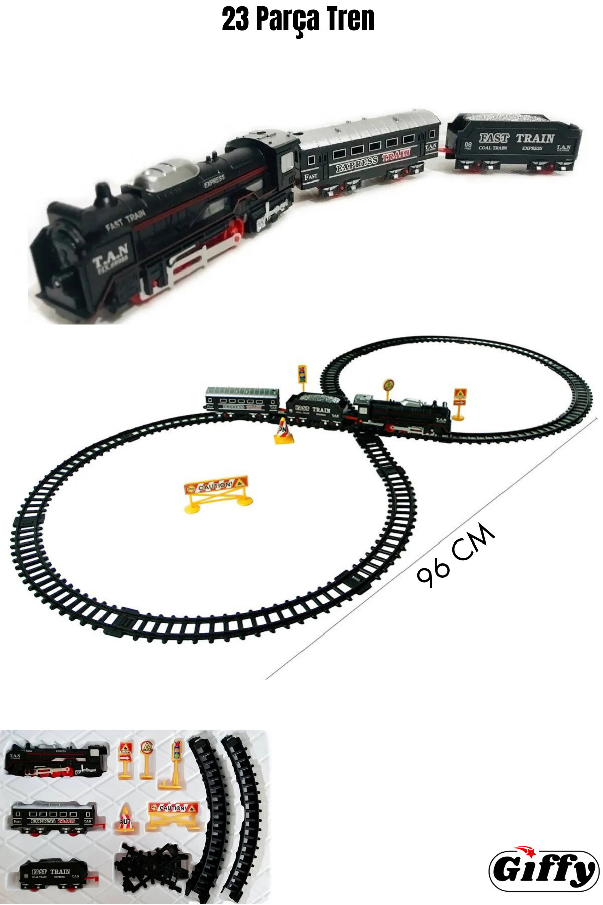 giffy Oyuncak 23 Parça Işıklı Klasik Tren Seti 96 Cm 3 Farklı Ray Modeli Pilli Retro Tren 8 Olan Tren
