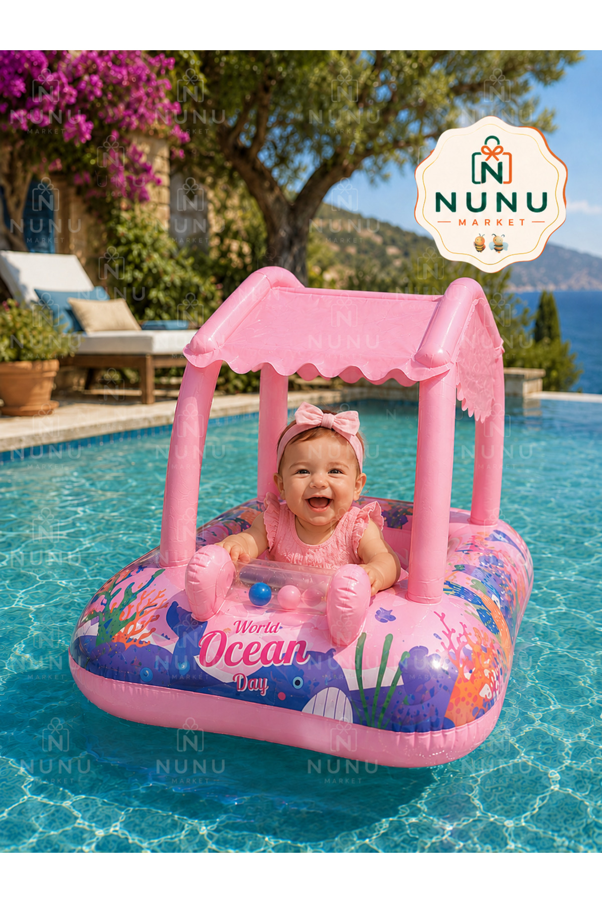 NUNU Gölgelikli Bebek Deniz Simidi Oturaklı Baby Float UV Korumalı – Mavi / Pembe