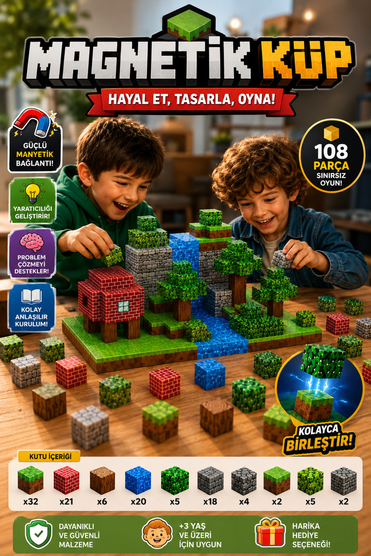 PAKİTO Minecraft Manyetik Küp Bloklar 108 Parça Temalı Yapı Seti 3 Boyutlu Renkli Mıknatıslı | Eğitici Zeka Geliştirici Oyuncak