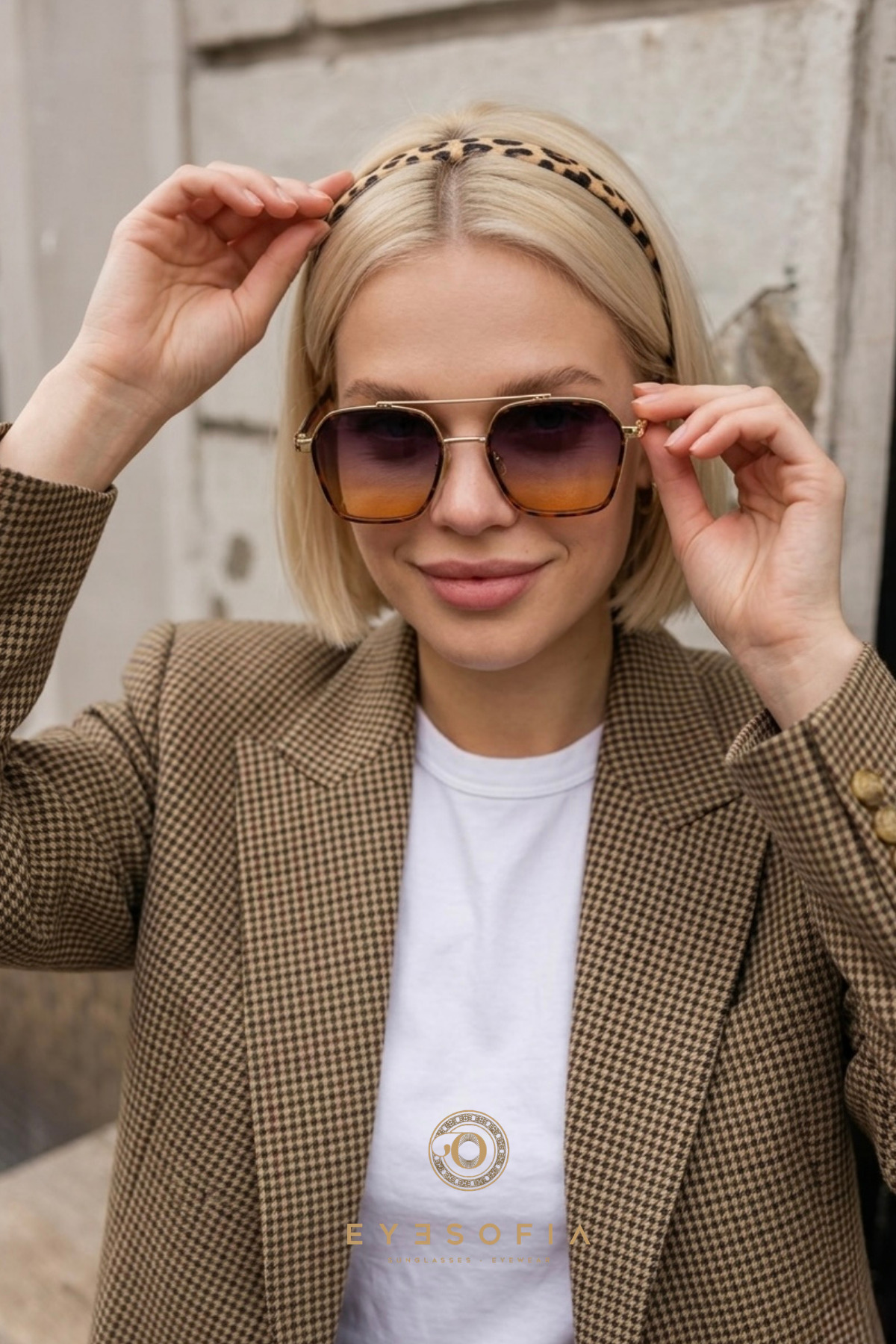 Eyesofia Ecş Unisex Uv400 Leopar Gold Çerçeveli Füme Sarı Cam Güneş Gözlüğü