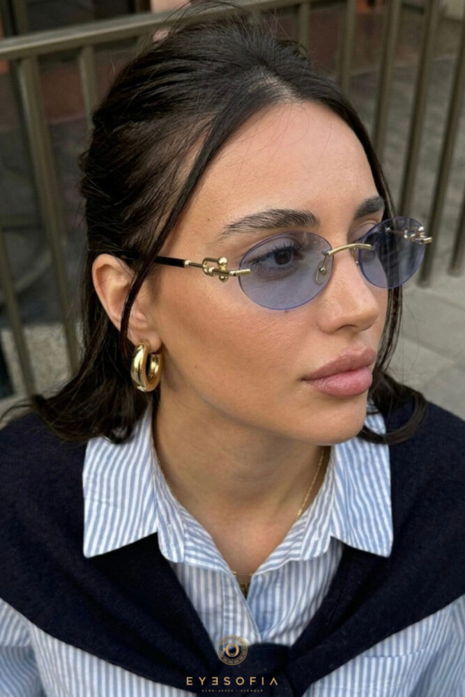 Eyesofia Cartiess Unisex Elips Mavi Gold Çerçeveli Ultra Hafif Uv400 Filtreli Güneş Gözlüğü - Görsel 2