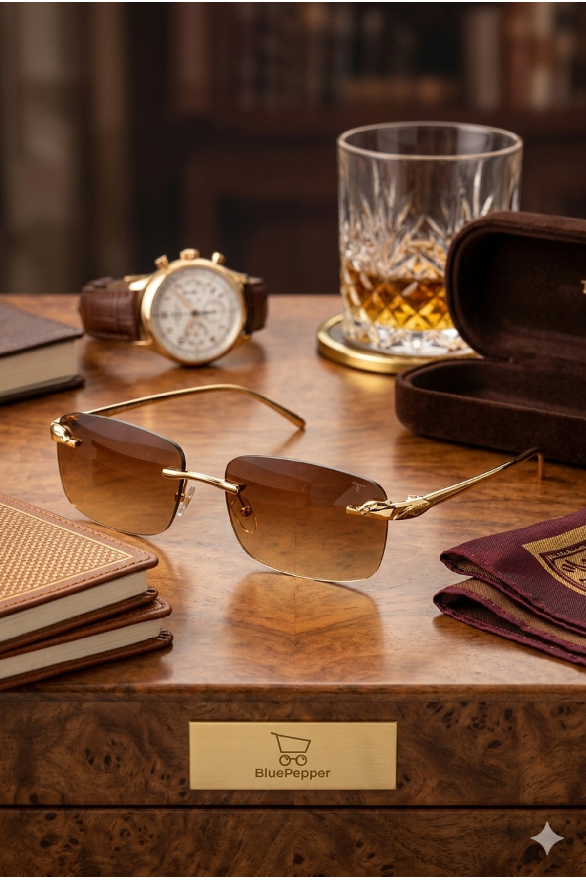 BluePepper CARTEL DİKDÖRTGEN KAHVERENGİ ÇERÇEVE GOLD SAPLI MODERN TASARIMLI UNISEX GÜNEŞ GÖZLÜĞÜ