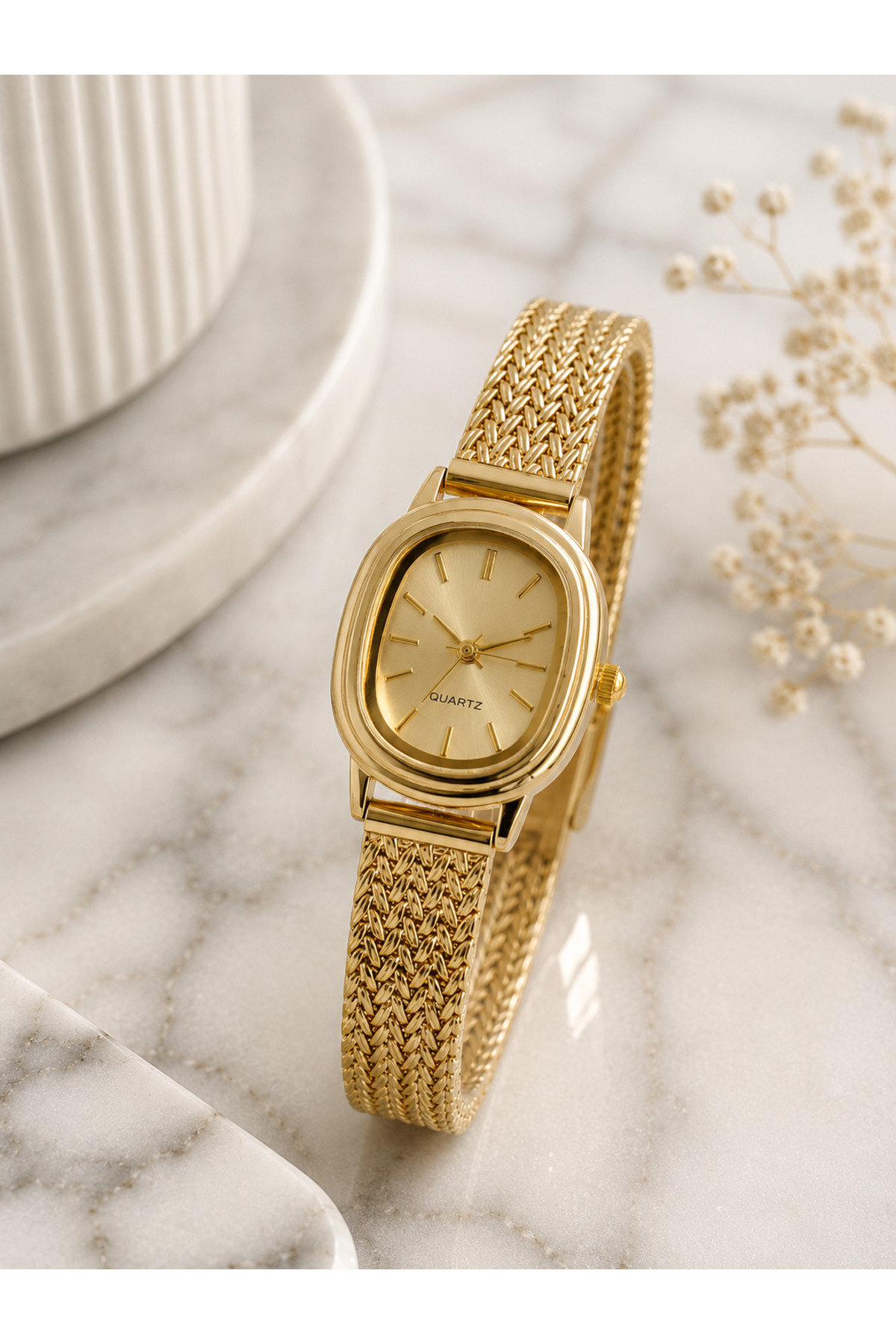 The Watch Danielle Gold Kadın Kol Saati & Su Yolu Bileklik Hediyeli – Vintage Luxury Minimal Oval Kadran Kadın Saati, Zarif Hasır Kordon Şık Kadın Saat