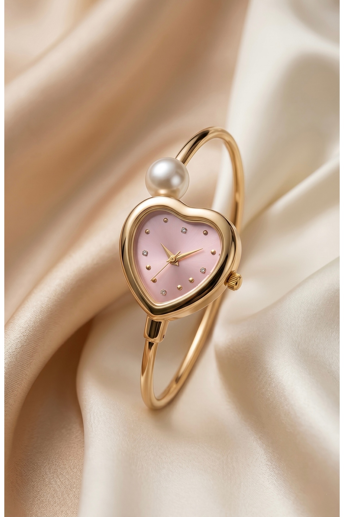 KLISHE Butik Kadın Çelik Saat Gold Renk & Pembe Kadran Kalp Kasa İnci Detaylı Vintage Old Money Lüks Zarif Şık Kadın Kol Saati 2026