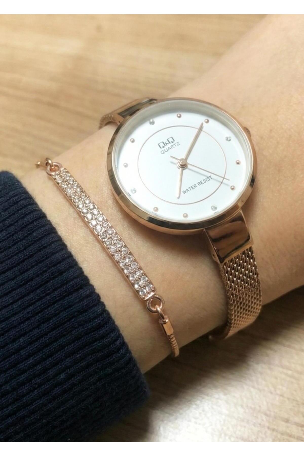 Q&Q Kadın Rose Gold Metal Kordon Beyaz Kadran Kol Saati Bileklik Hediyeli 2 Yıl Garantili