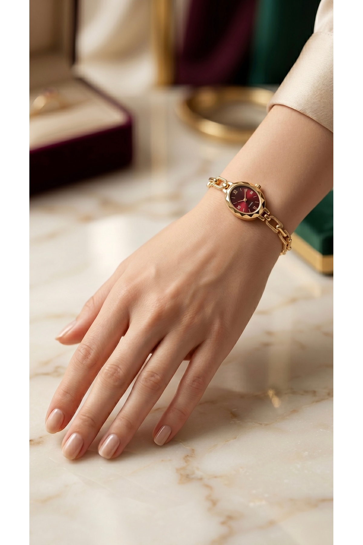 KLISHE Butik Tifany Kadın Çelik Saat Gold Renk & Bordo Kadran Vintage Old Money Lüks Zarif Şık Kadın Kol Saati 2026 - Görsel 3
