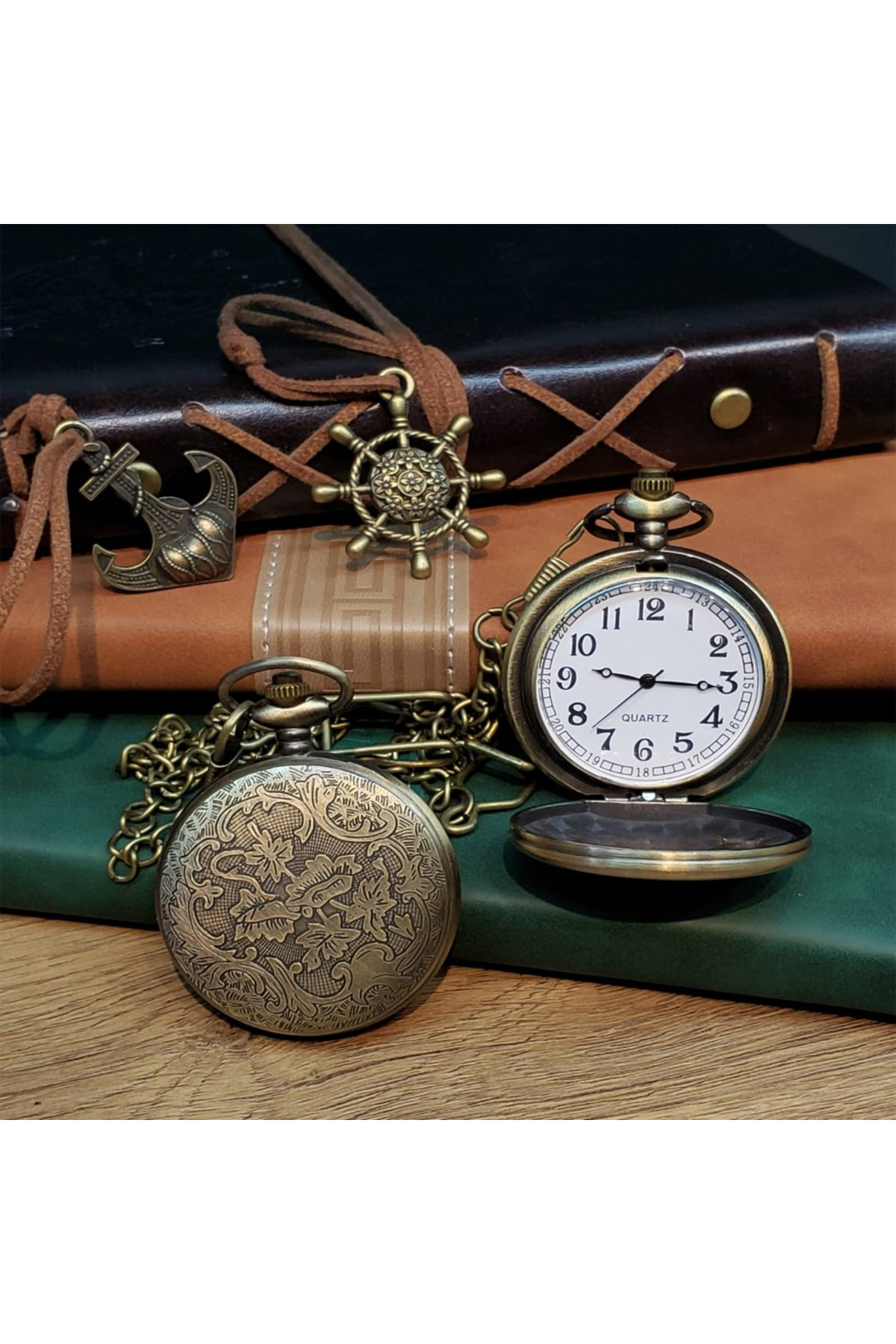 Store Türk Bayraklı Kutulu Köstekli Cep Saati Zincirli Metal Vintage Saat - Görsel 3