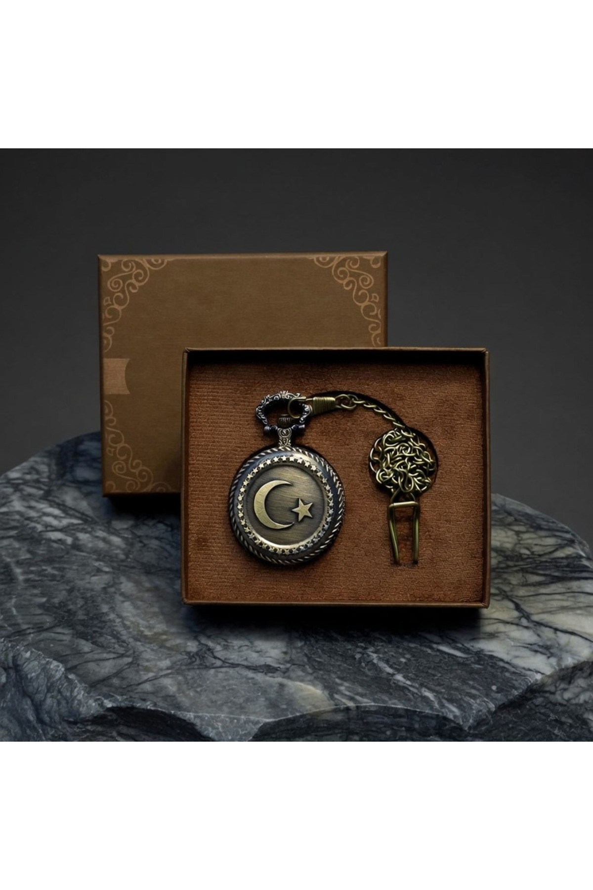 Store Türk Bayraklı Kutulu Köstekli Cep Saati Zincirli Metal Vintage Saat
