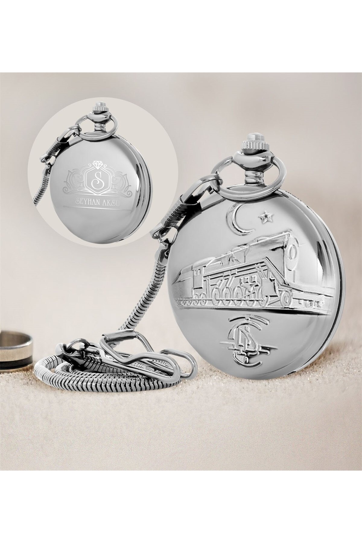 gifttime Kişiye Özel Tcdd Tren Kabartmalı Silver Köstekli Cep Saati
