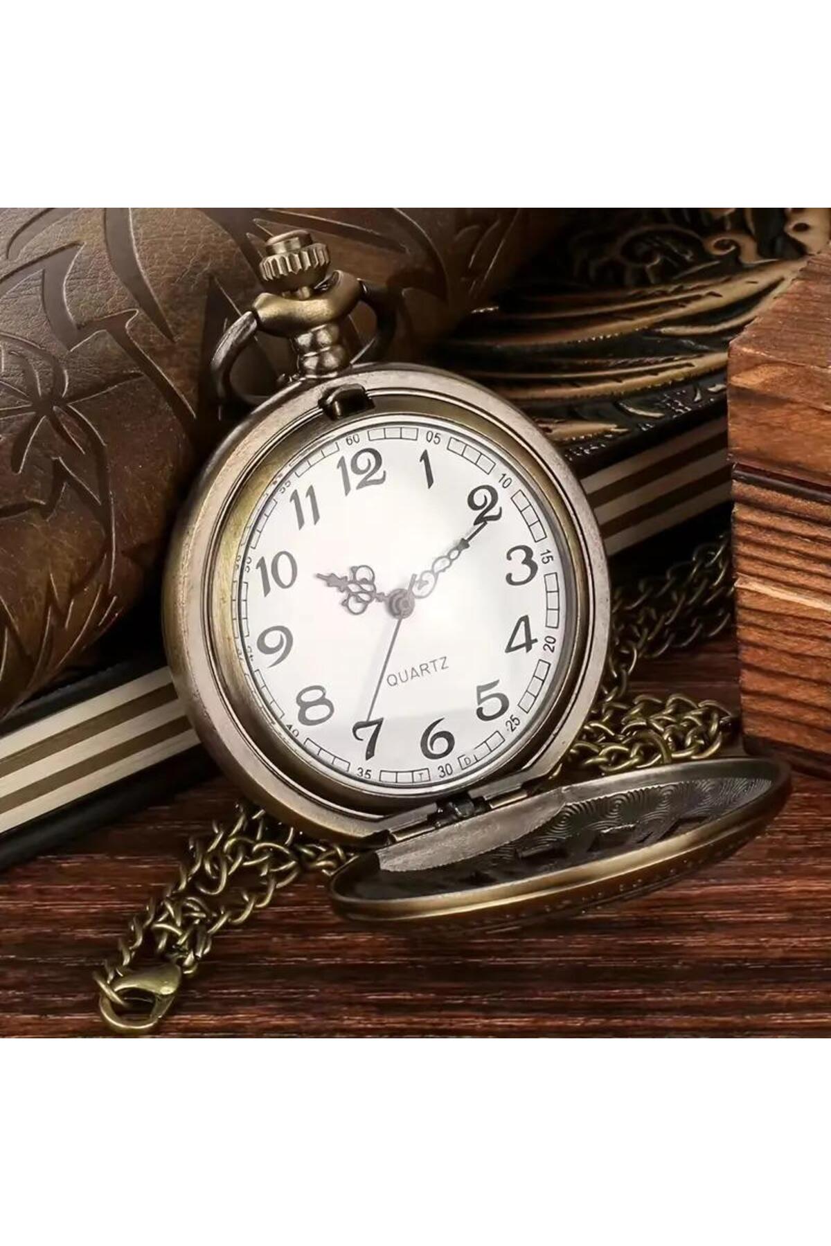 valkyrie Vintage Antika Tasarım Dilşli Roma Rakamlı Zarif Bronz Kuvars Cep Köstekli Saat - Görsel 3